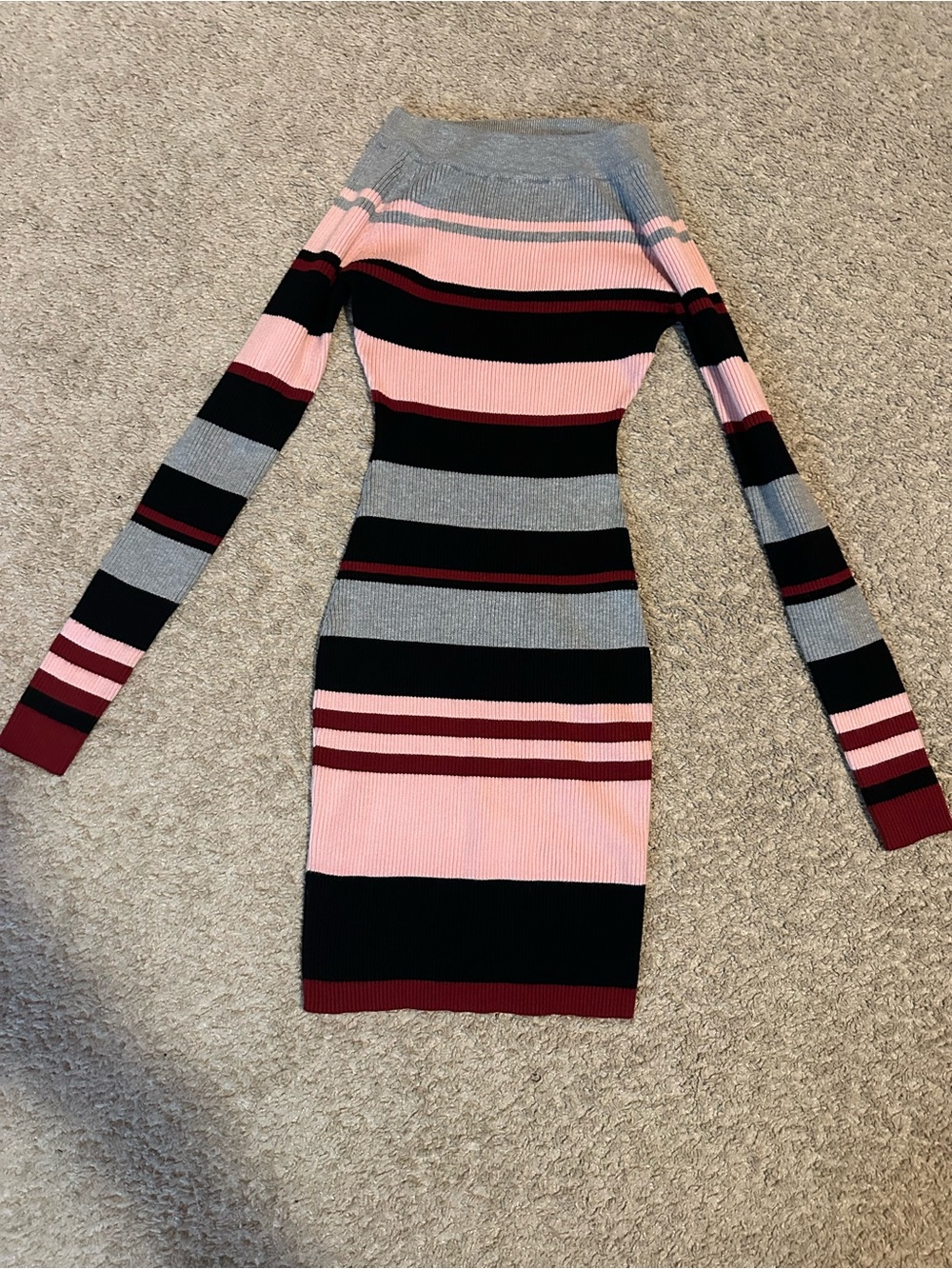 Striped Off-Shoulder Bodycon Dress in Pink, Black & Gray